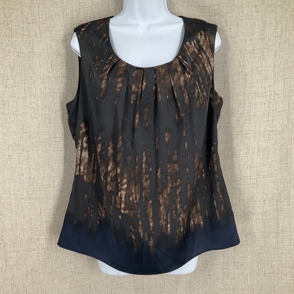 Tahari Blouse Womens Large Black Bronze Satin‎ Abstract Sleeveless Top Office